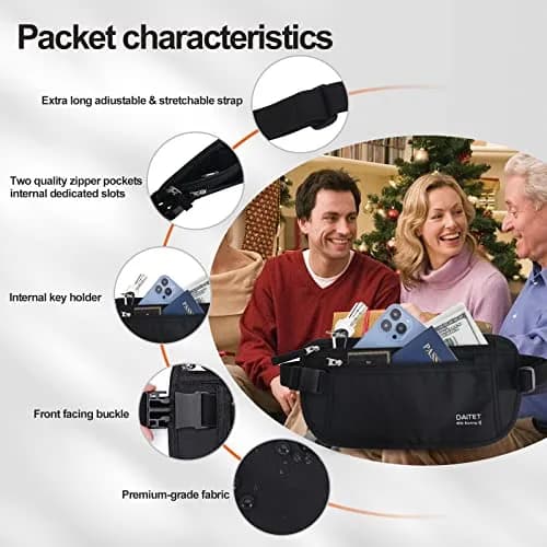 DAITET RFID Blocking Money Belt Passport Holder with Hidden Travel Wallet & Fanny Pack (Black, 27.9 cm x 14 cm) thumbnail 8
