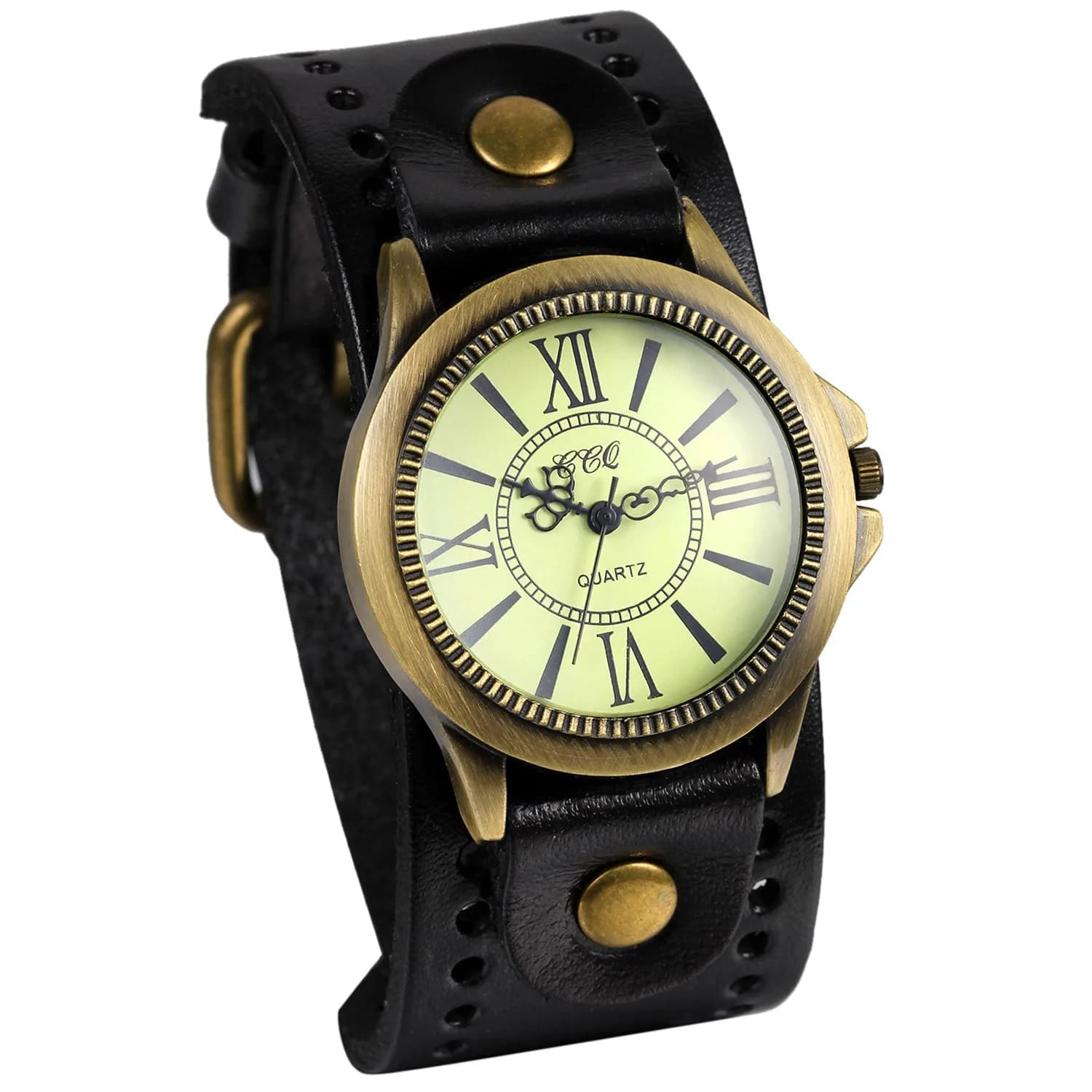 JewelryWe Vintage Leather Cuff Watch Punk Analog Quartz Wristwatch | Retro Style, Adjustable Fit, Daily Water Resistance — roman numerals black
