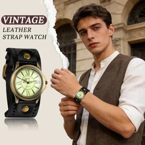 JewelryWe Vintage Leather Cuff Watch Punk Analog Quartz Wristwatch | Retro Punk Style, Adjustable 7.5-8.7 Inch Band thumbnail 7