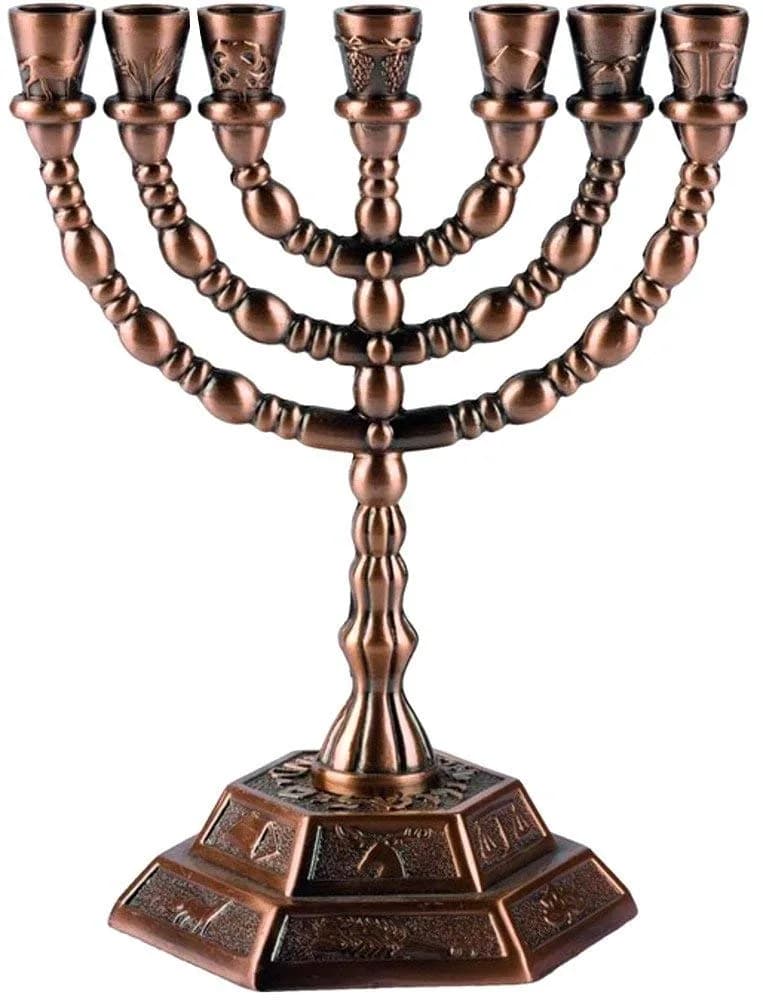 Holy Land Market 7 Branch Menorah, Gold, 5 in, Hexagonal Base | Authentic Judaica for Hanukkah & Shabbat — Copper / 5 Inches