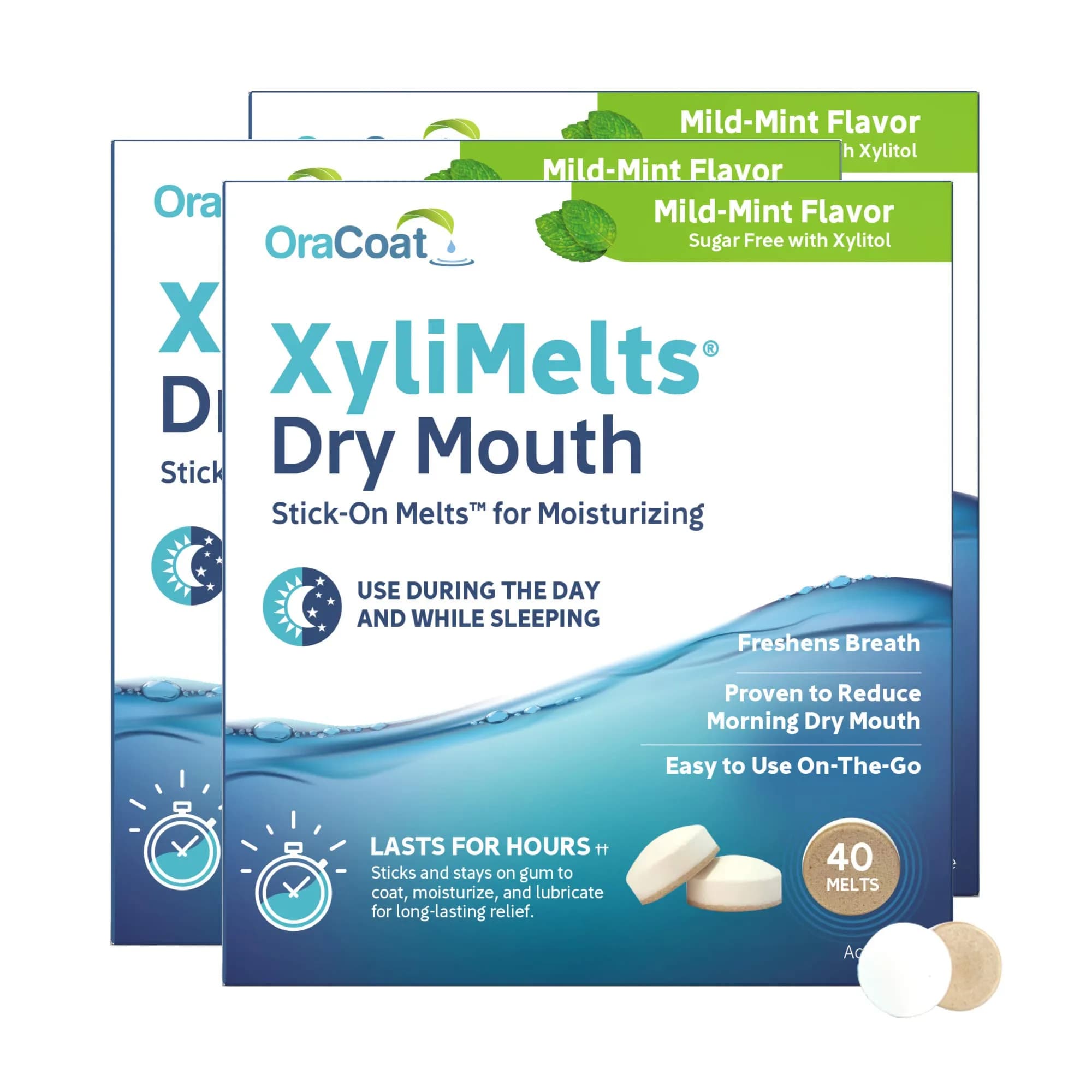 Oracoat XyliMelts for Dry Mouth Relief with Xylitol 40 Ct - 3 Pk, Mild Mint | Long-Lasting Moisturizer & Sugar-Free Relief