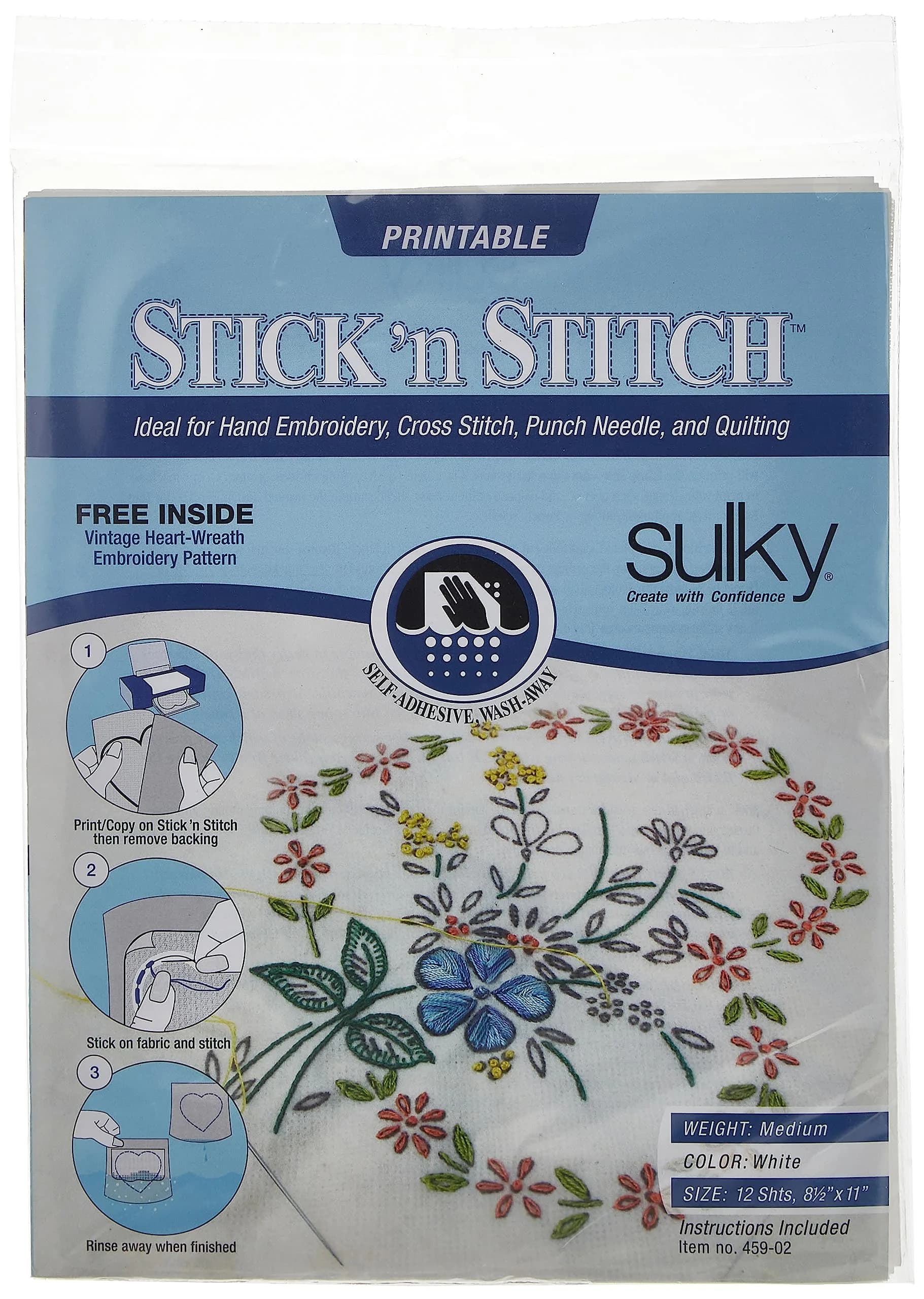 Sulky Stick 'n Stitch Printable Stabilizer Sheets 12/Pkg-White, 21.6 cm x 27.9 cm (8.5"x11") | Easy Wash-Away Stabilizer for Embroidery