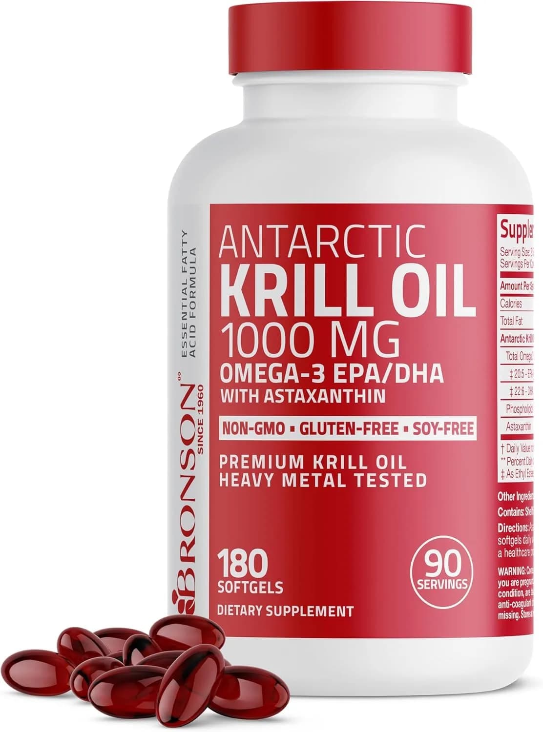 Bronson Antarctic Krill Oil 1000 mg with Omega-3s, 180 Softgels | Omega-3 DHA EPA Astaxanthin - main product image