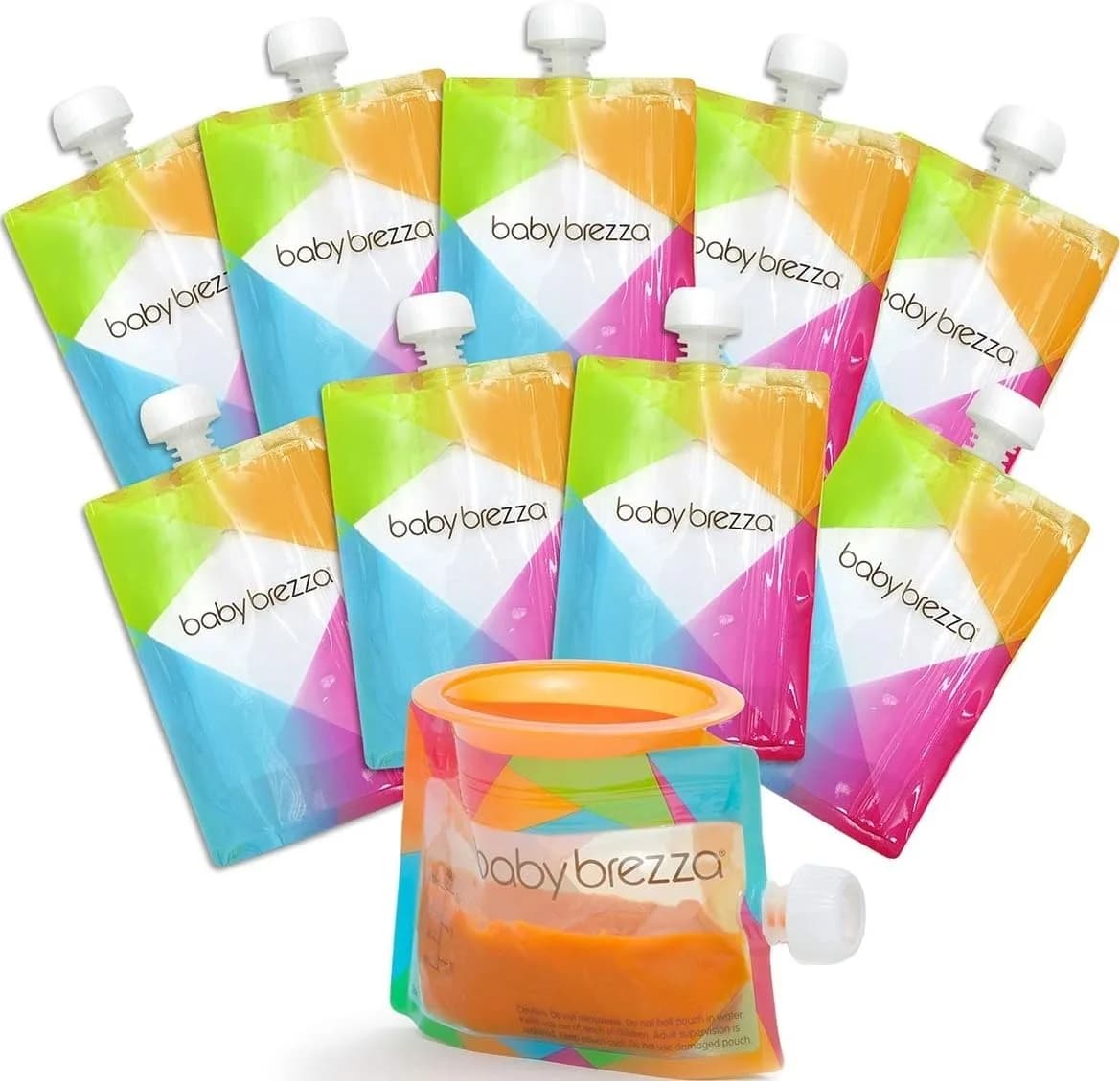 Baby Brezza Reusable Baby Food Storage Pouches, 10 Pack, 7oz | Leak-Proof, Food-Grade Plastic, Freezer & Dishwasher Safe