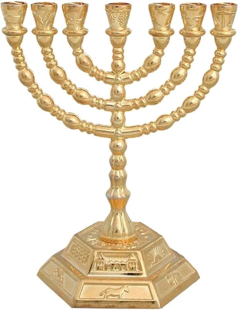 Holy Land Market 7 Branch Menorah, Gold, 5 in, Hexagonal Base | Authentic Judaica for Hanukkah & Shabbat - main product image