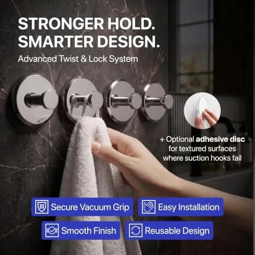 HOME SO Heavy Duty Suction Cup Hooks with Twist-Lock 4-Pack Chrome | Bathroom Towel Holder for Glass, Tile, Mirrors thumbnail 2
