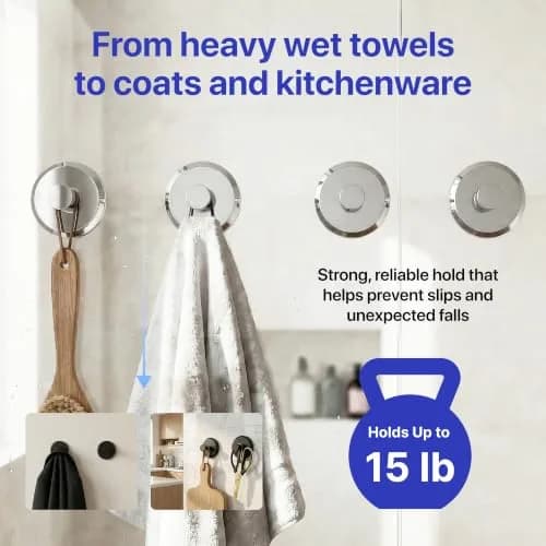 HOME SO Heavy Duty Suction Cup Hooks with Twist-Lock 4-Pack Chrome | Bathroom Towel Holder for Glass, Tile, Mirrors thumbnail 4
