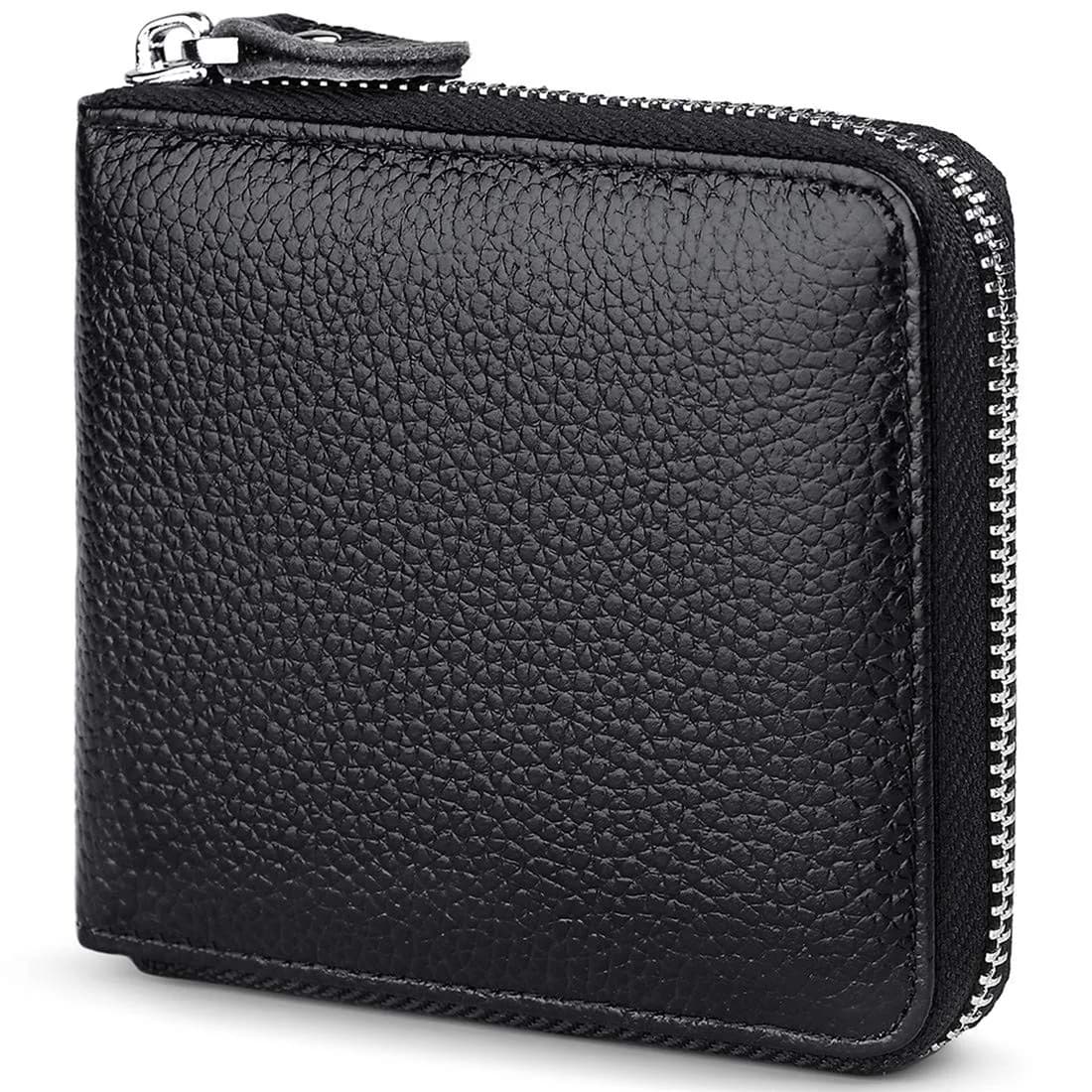 Huztencor Genuine Leather RFID Blocking Zipper Wallet for Men | Black, 11.5cm x 10.5cm x 2cm (4.5" x 4.1" x 0.8") - main product image