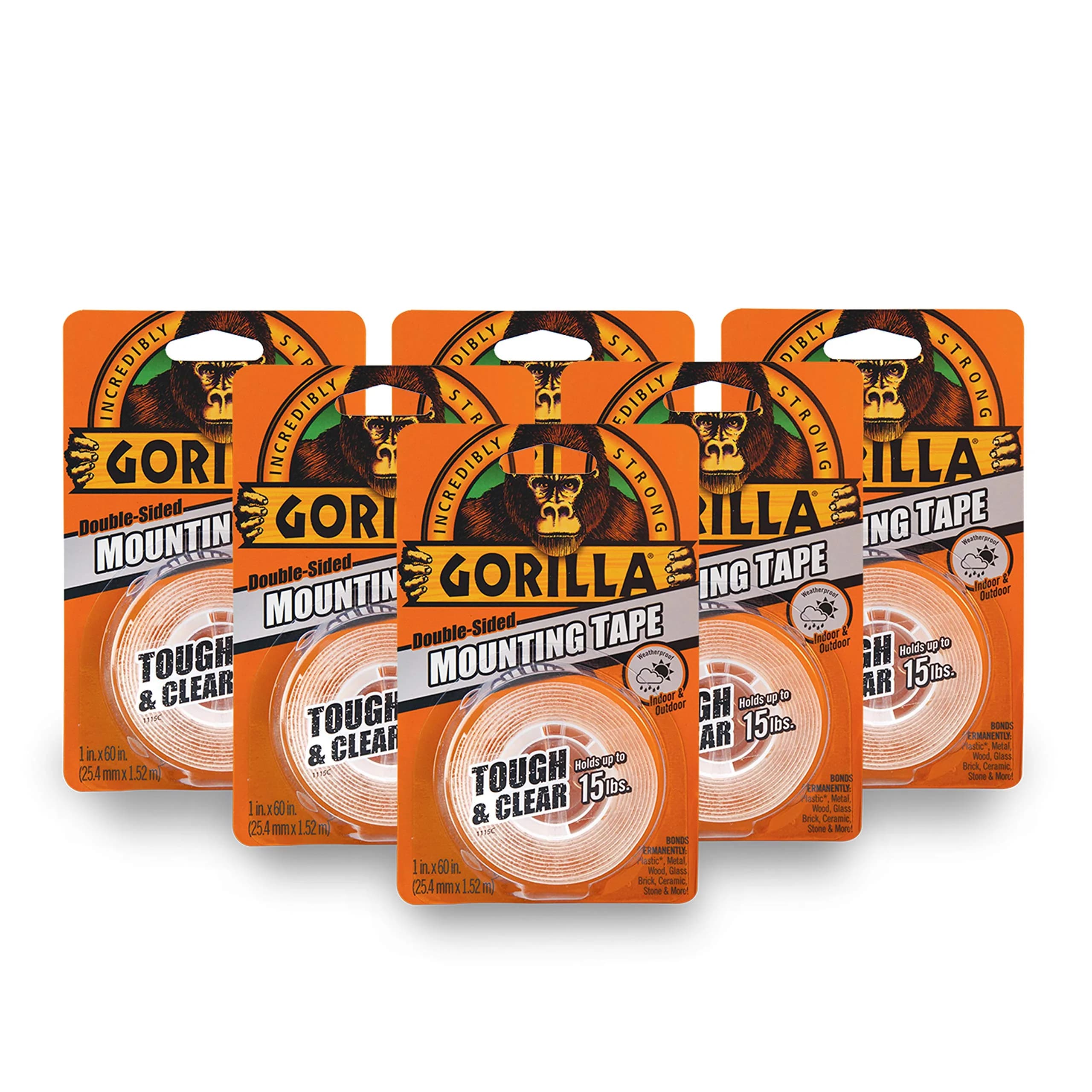 Gorilla Tough & Clear Double Sided Mounting Tape 1" x 60" (2.54cm x 152.4cm) — 6 Rolls | Holds Up to 15 lbs — 6- Pack