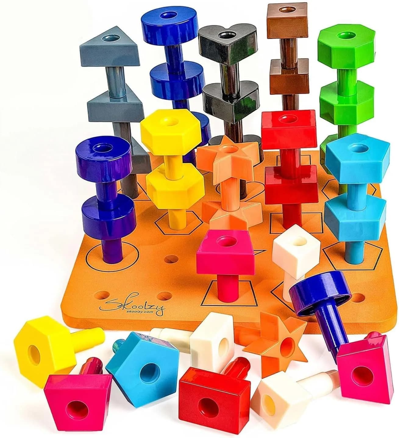 Skoolzy Peg Board Set Montessori 33 Pc Plastic Pegs Dice Lacing | Educational STEM Toy for Kids 2+ Years — Shapes Pegboard - 38pcs