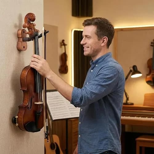 WOGOD Violin Hanger Wall Mount with Bow Holder - Sapele Wood & Metal - 1 Pack thumbnail 6
