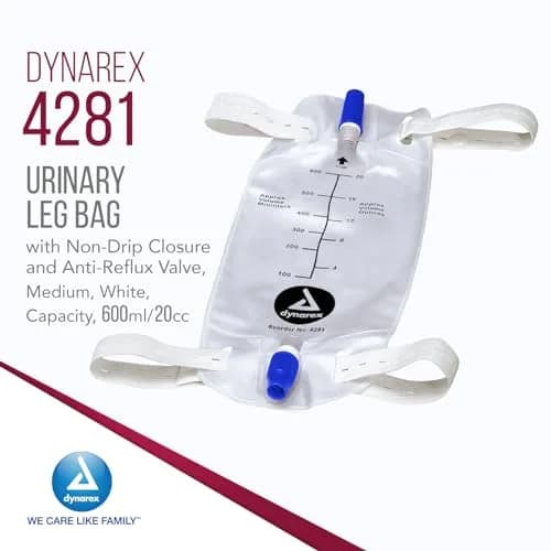 Dynarex Urinary Leg Bag 600 ml | Non-Drip Closure & Anti-Reflux Valve for Catheter, White, 12 Pack thumbnail 2