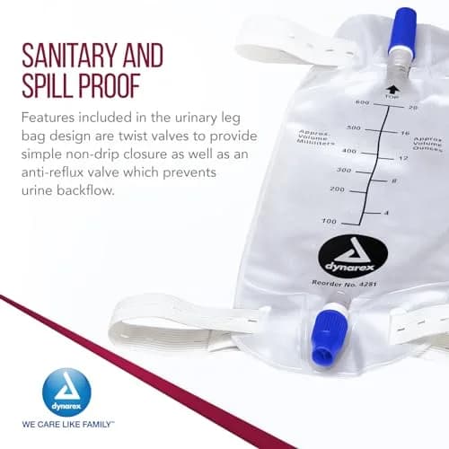 Dynarex Urinary Leg Bag 600 ml | Non-Drip Closure & Anti-Reflux Valve for Catheter, White, 12 Pack thumbnail 3