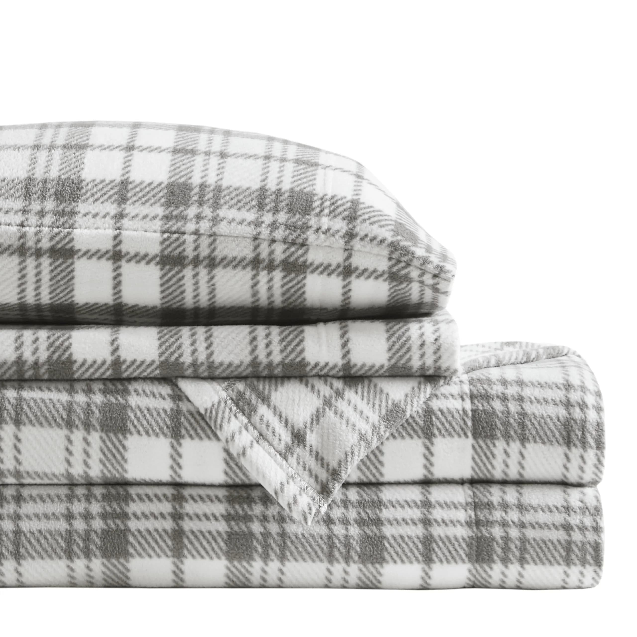 True North by Sleep Philosophy Micro Fleece Sheets Full Size Bed Set 4 Piece | Cozy Warmth & Softness — Grey Plaid