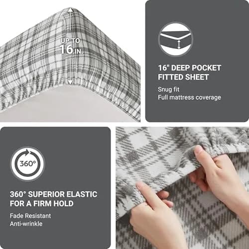 True North by Sleep Philosophy Grey Plaid Micro Fleece 3-Piece Twin Bed Sheet Set | Cozy Warmth for All Seasons thumbnail 4