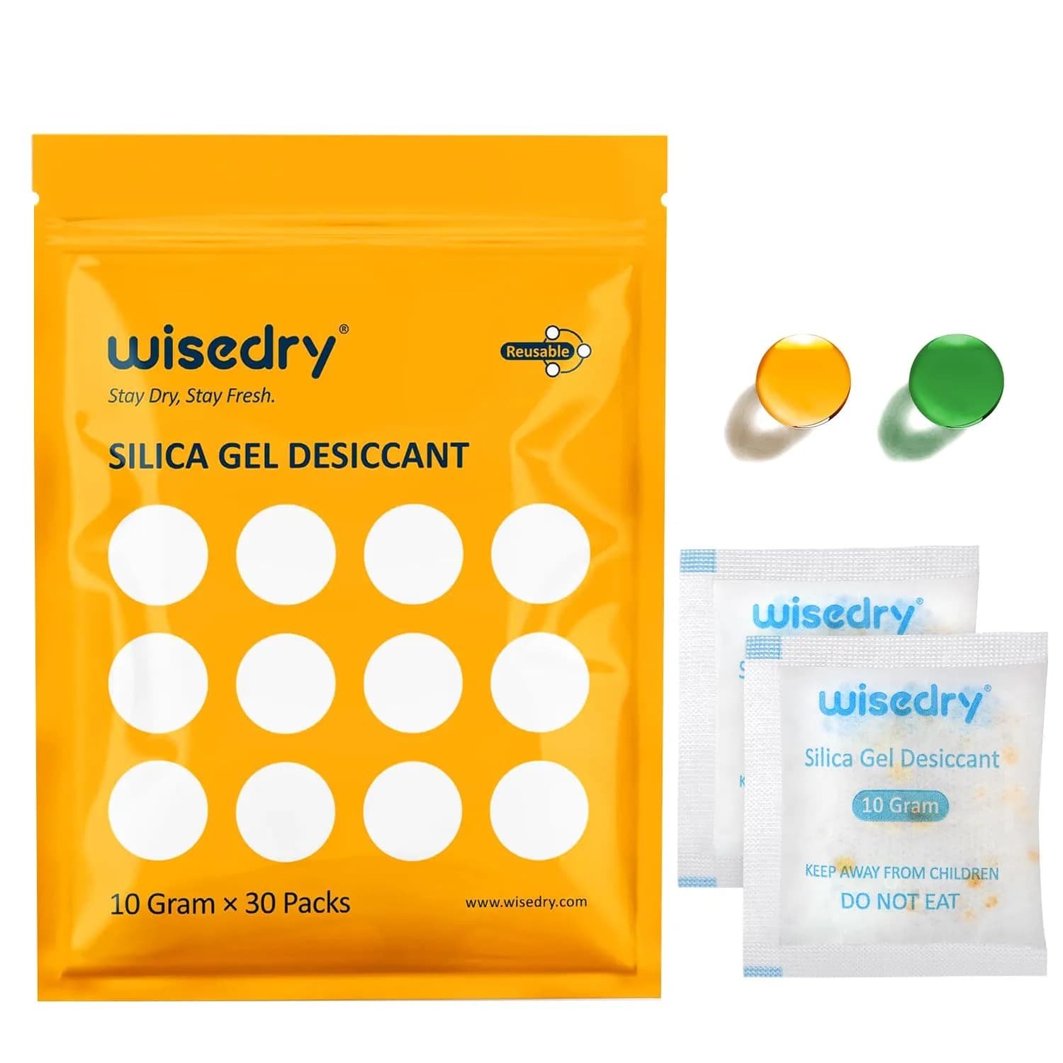 wisedry Color Indicating Silica Gel Desiccant Packets 10g (0.35 oz) - 30 Count | Reusable Moisture Absorbers for Food Grade Storage - main product image