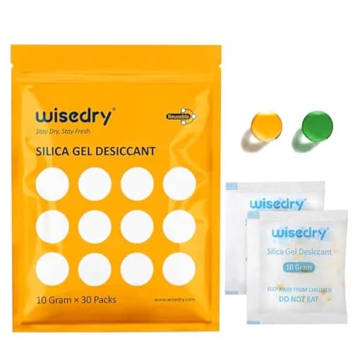 wisedry Color Indicating Silica Gel Desiccant Packets 10g (0.35 oz) - 30 Count | Reusable Moisture Absorbers for Food Grade Storage thumbnail 1