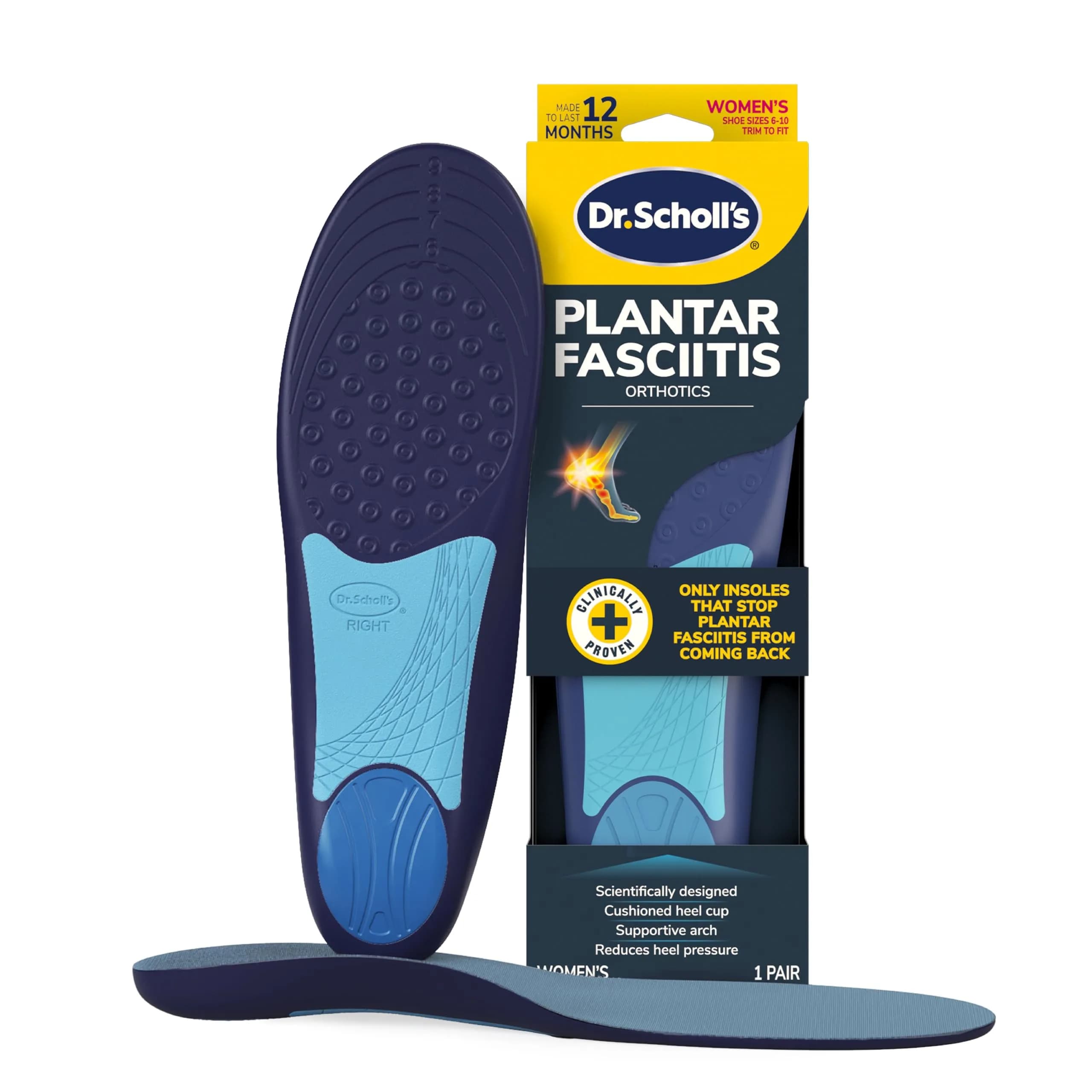 Dr. Scholl's Plantar Fasciitis Relief Orthotic Insoles for Women - Pack of 2 | Clinically Proven to Stop Recurrence — Blue
