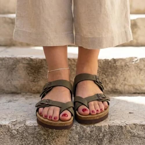 CUSHIONAIRE Luna Cork Footbed Sandals for Women with Crossover Straps, Brown Rugged 8 | Supportive Genuine Suede Footbed for Comfort & Style thumbnail 2