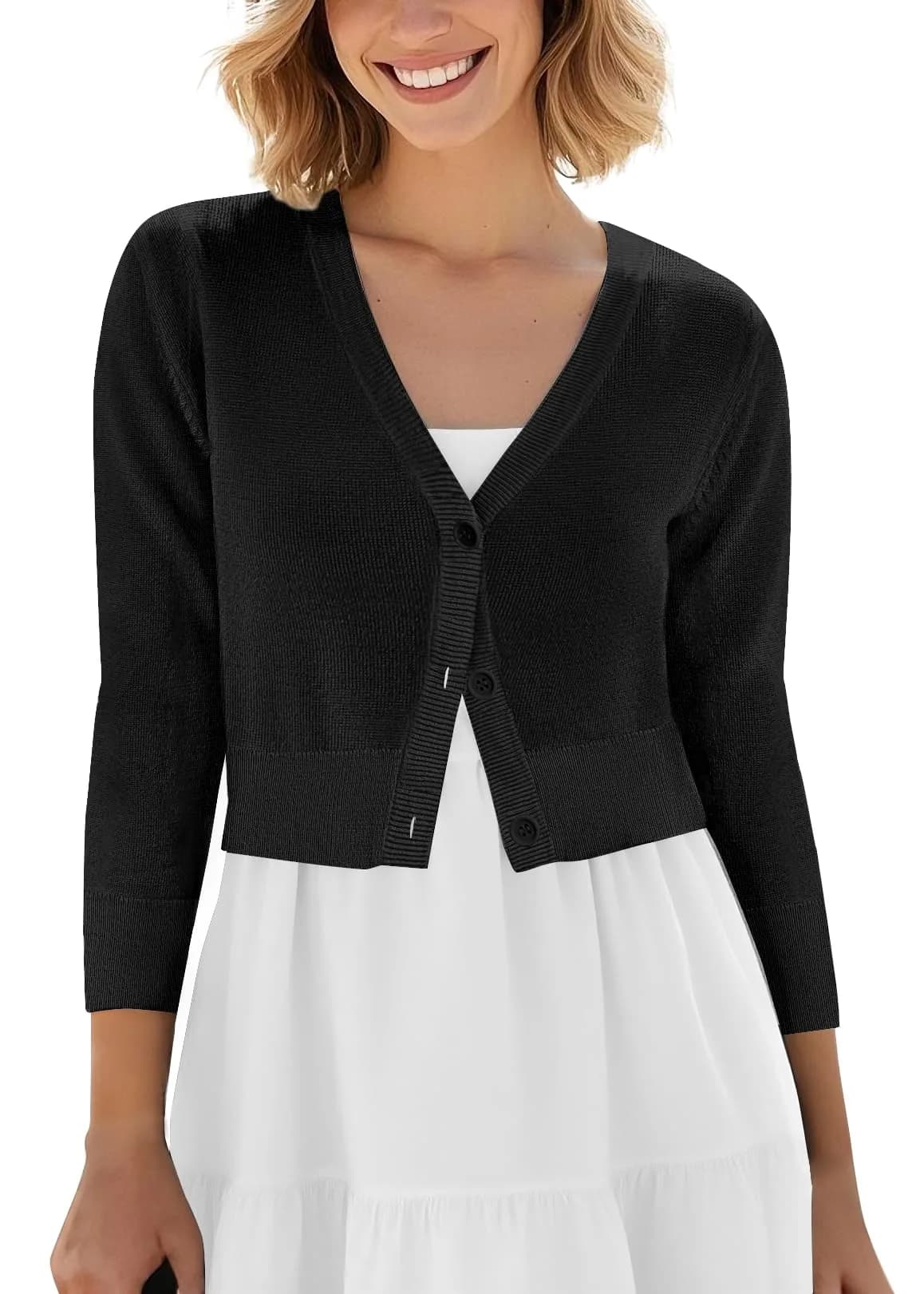 Urban CoCo Women's Cropped Cardigan V-Neck Button Down Knitted Sweater 3/4 Sleeve (S, Black) | Slim Fit, Lightweight, Breathable - main product image