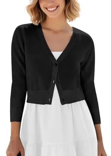 Urban CoCo Women's Cropped Cardigan V-Neck Button Down Knitted Sweater 3/4 Sleeve (S, Black) | Slim Fit, Lightweight, Breathable thumbnail 1