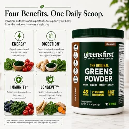 Greens First Original Greens Powder, Chocolate, 10.55oz | 49 Superfoods & Probiotics for Daily Wellness thumbnail 5