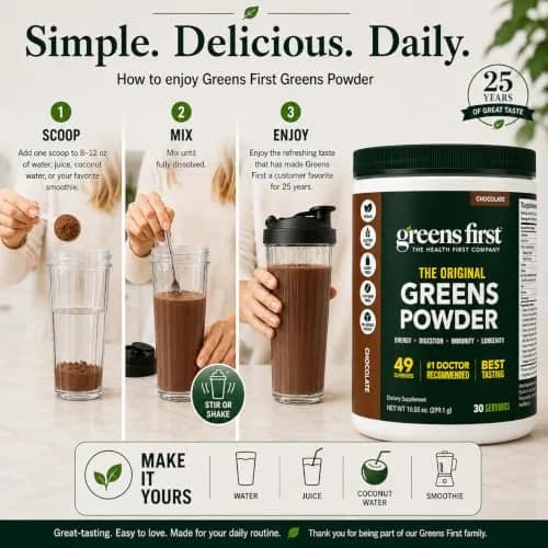 Greens First Original Greens Powder, Chocolate, 10.55oz | 49 Superfoods & Probiotics for Daily Wellness thumbnail 9