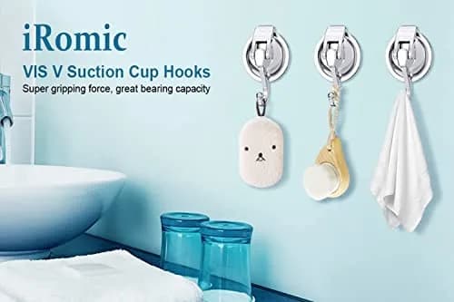 iRomic Heavy Duty Vacuum Suction Cup Hooks (2-Pack, Silver) | Damage-Free Wall Mount Organization thumbnail 5