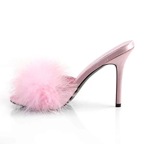 Fabulicious Women's Classique-01F Marabou Slipper | 4" Heel, Pink PU, Open Toe (7 US) thumbnail 3