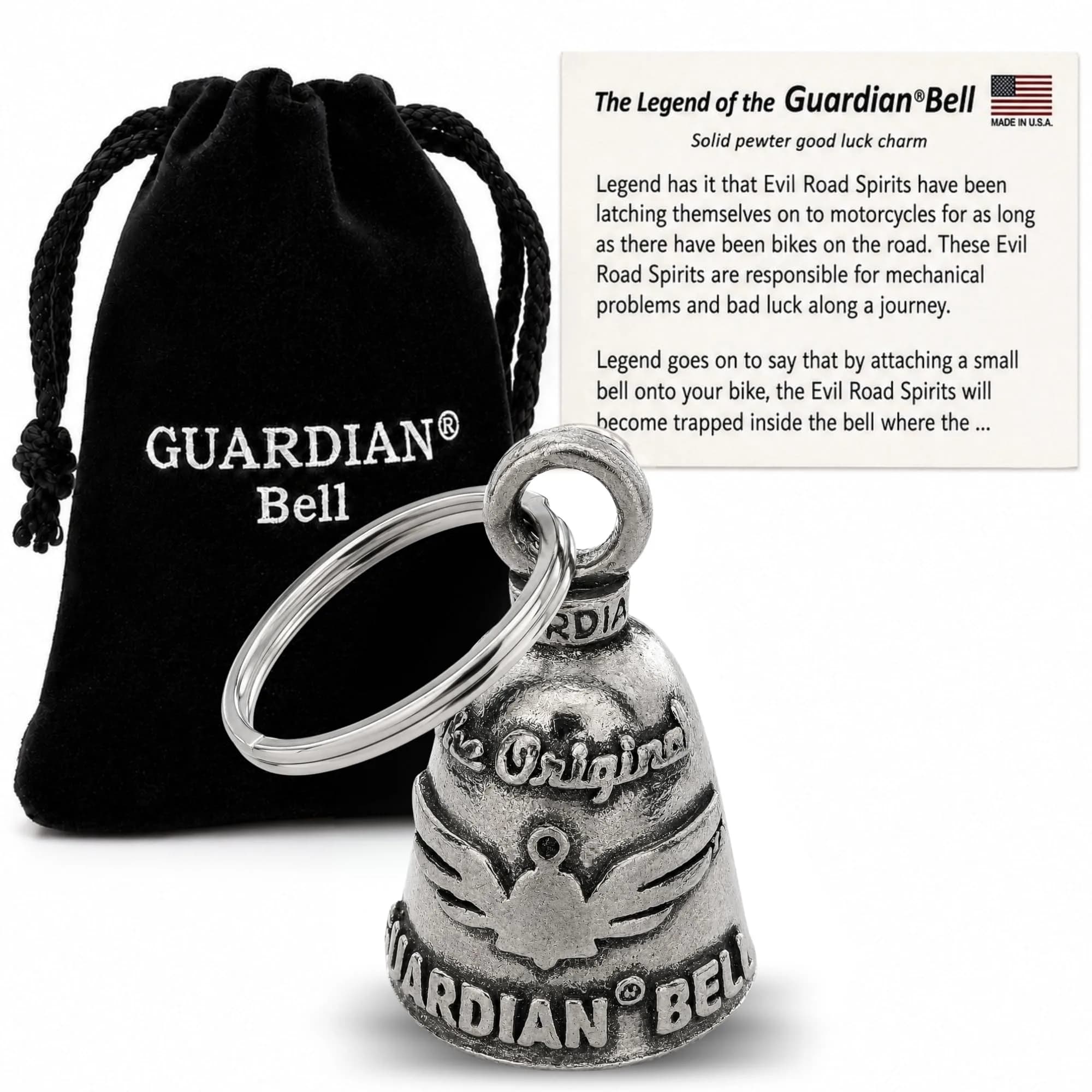 Guardian Bell Never Ride Faster Than Your Angel Can Fly Good Luck Bell w/Keyring & Black Velvet Gift Bag | Motorcycle Bell | Lead-Free Pewter | Good Luck Gift | Bike Bell | Made in USA — The Original