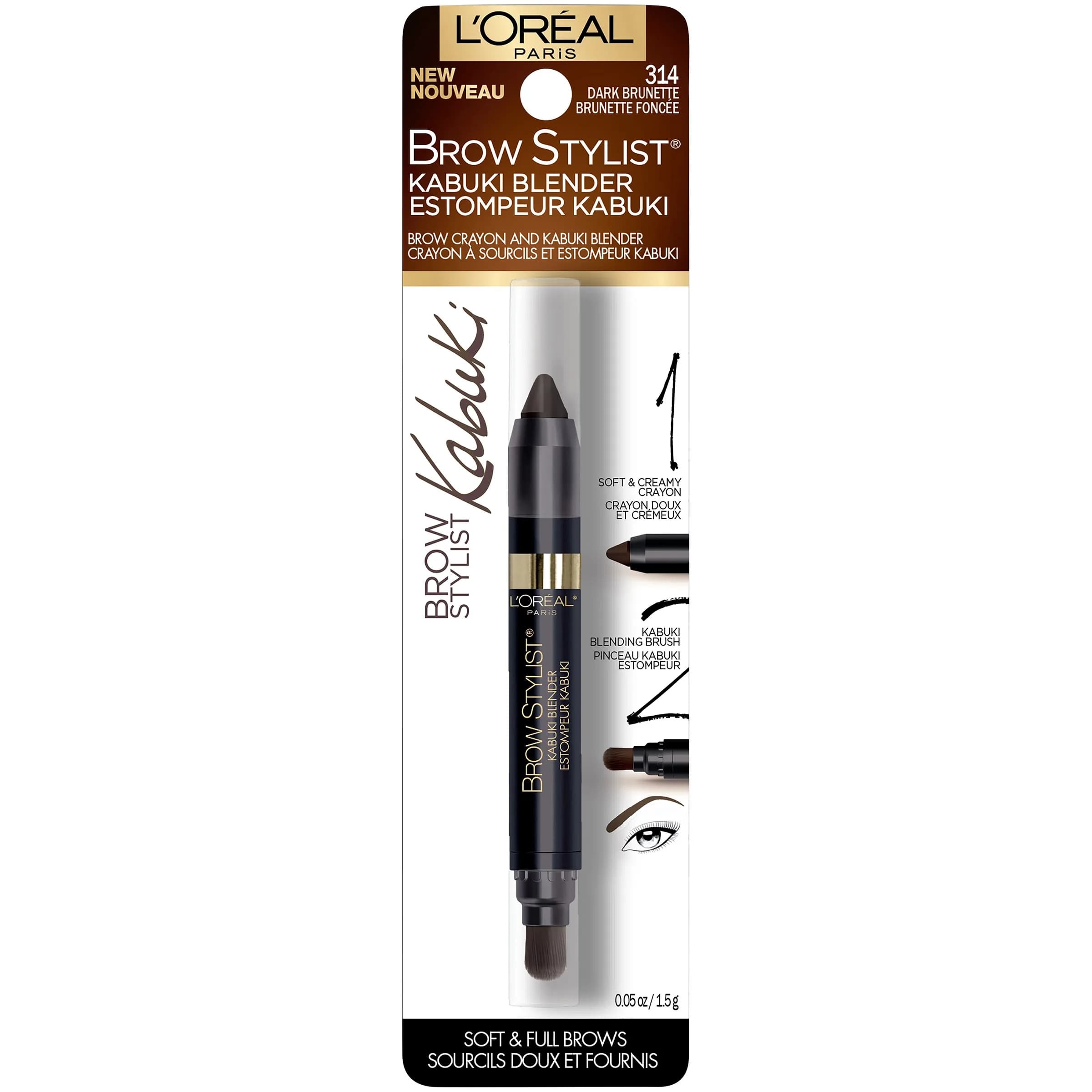 L'Oreal Paris Brow Stylist Kabuki Blender Brow Crayon, Dark Brunette, 0.05 oz (1.42 g) | Soft Creamy Crayon with Kabuki Brush — Dark Brunette thumbnail 2