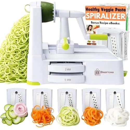 Brieftons 5-Blade Vegetable Spiralizer & Veggie Noodle Maker | Japanese Steel Blades for Zucchini & Sweet Potato | Strong Suction Pad | 4 Recipe eBooks thumbnail 1