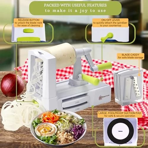Brieftons 5-Blade Vegetable Spiralizer & Veggie Noodle Maker | Japanese Steel Blades for Zucchini & Sweet Potato | Strong Suction Pad | 4 Recipe eBooks thumbnail 2