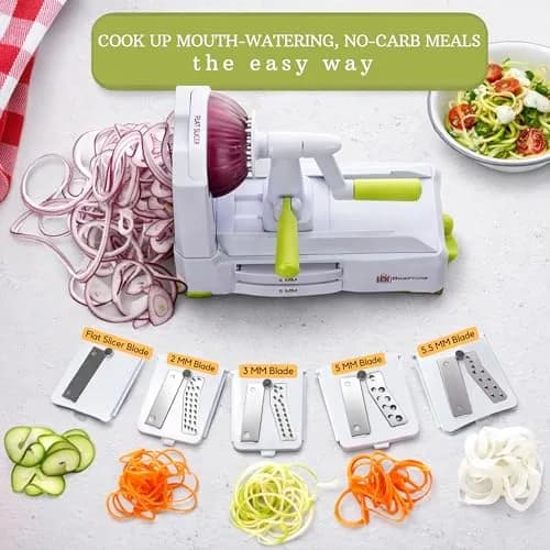 Brieftons 5-Blade Vegetable Spiralizer & Veggie Noodle Maker | Japanese Steel Blades for Zucchini & Sweet Potato | Strong Suction Pad | 4 Recipe eBooks thumbnail 3