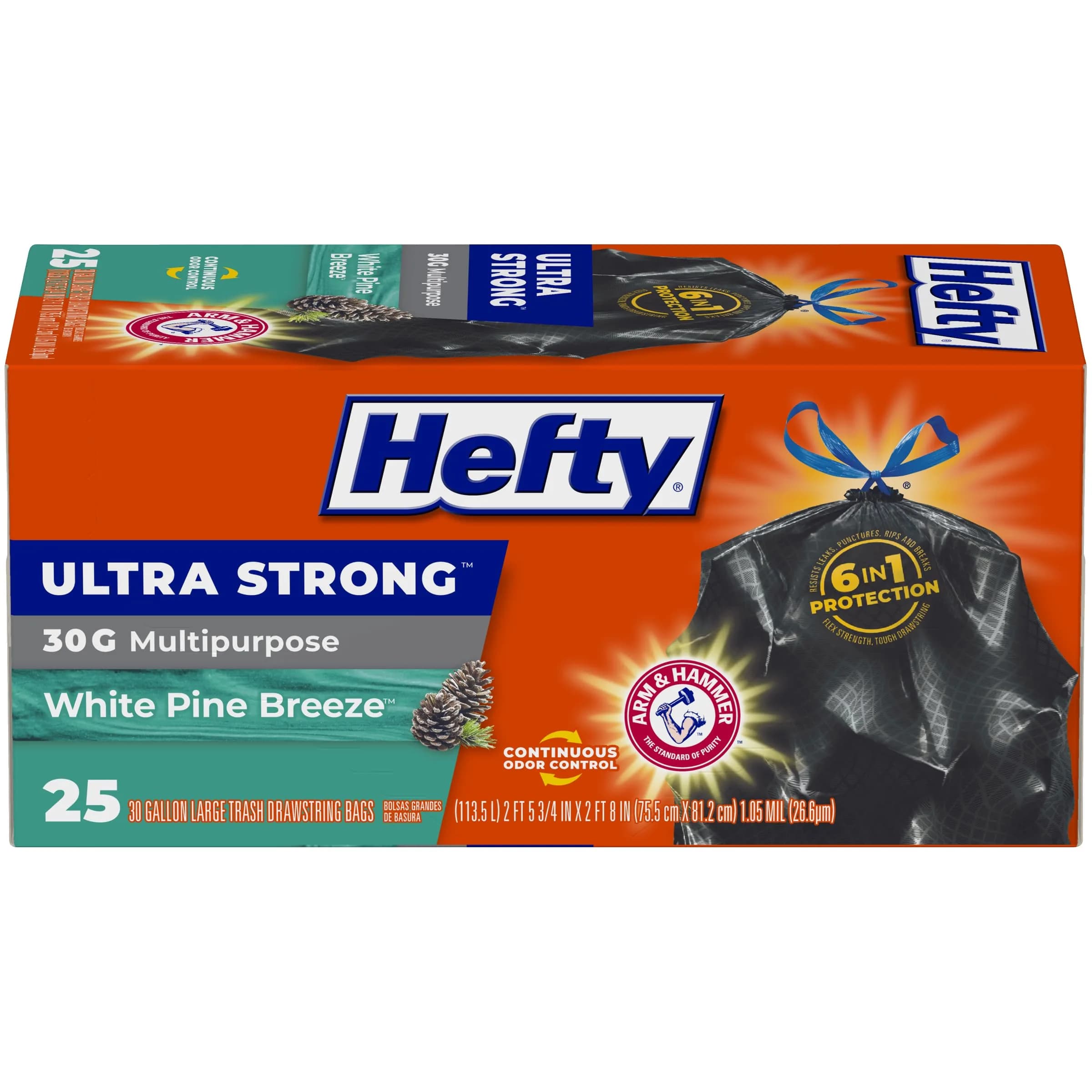 Hefty Ultra Strong Multipurpose Large Trash Bags, Black, White Pine Breeze Scent, 30 Gallon (113.5 L), 25 Count | 6-in-1 Protection