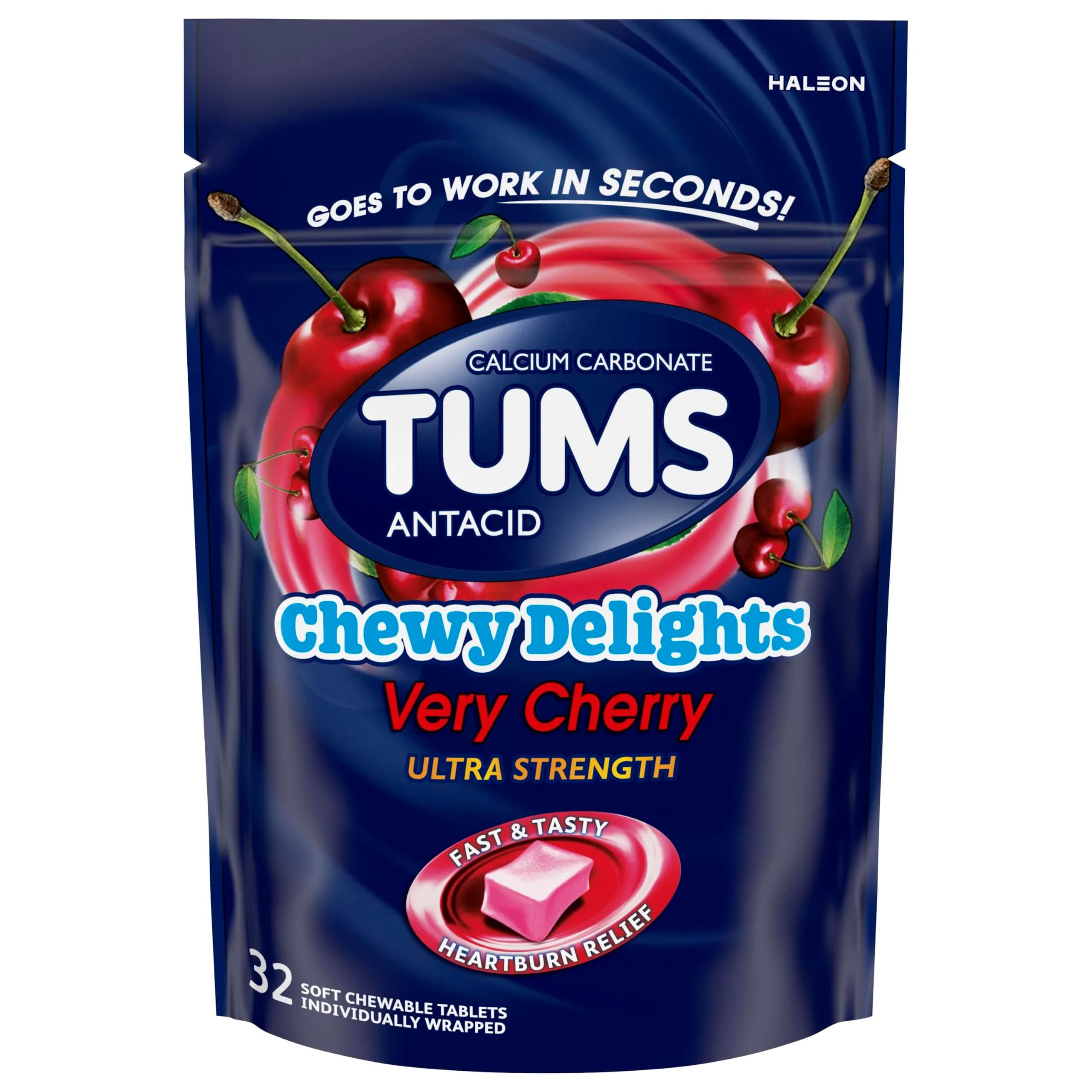 TUMS Chewy Delights Ultra Strength Antacid Soft Chews 32 Count | Fast Heartburn Relief in Delicious Very Cherry - main product image