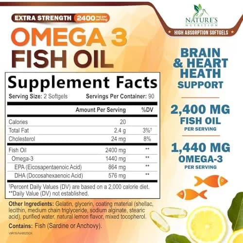 Nature's Nutrition Omega 3 Fish Oil 2400mg | Triple Strength Daily Supplement with EPA & DHA for Heart, Brain & Immunity thumbnail 2