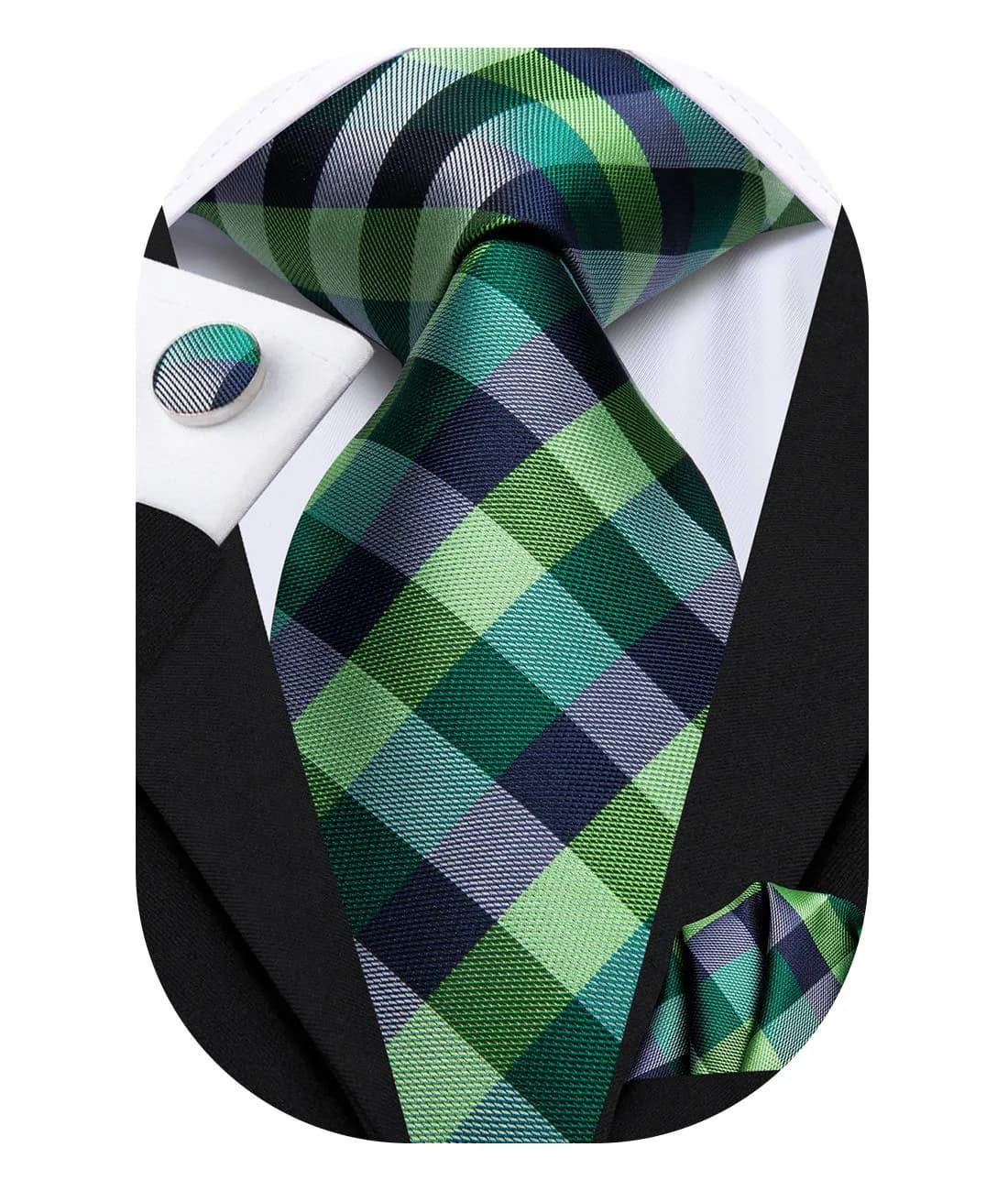 Hi-Tie Mens Black White Houndstooth Silk Necktie Set with Handkerchief & Cufflinks | Elegant Business & Wedding Accessory — Green Plaid