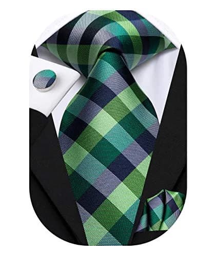 Hi-Tie Mens Plaids Striped Green Ties Set Paisley Silk Necktie for Men with Handkerchief Cufflinks Set Business Wedding | Elegant 59-inch silk mix polyester, perfect for formal occasions thumbnail 1