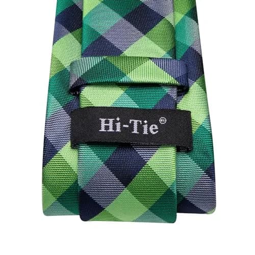 Hi-Tie Mens Plaids Striped Green Ties Set Paisley Silk Necktie for Men with Handkerchief Cufflinks Set Business Wedding | Elegant 59-inch silk mix polyester, perfect for formal occasions thumbnail 5