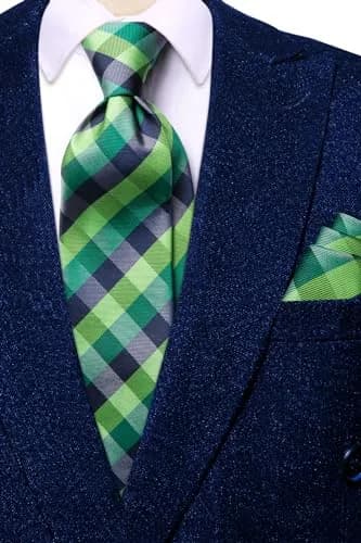 Hi-Tie Mens Plaids Striped Green Ties Set Paisley Silk Necktie for Men with Handkerchief Cufflinks Set Business Wedding | Elegant 59-inch silk mix polyester, perfect for formal occasions thumbnail 7