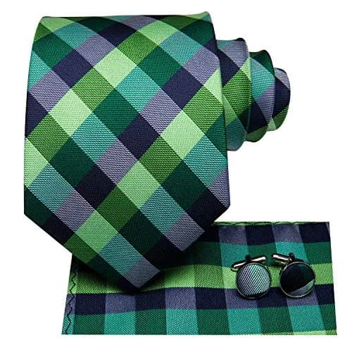 Hi-Tie Mens Plaids Striped Green Ties Set Paisley Silk Necktie for Men with Handkerchief Cufflinks Set Business Wedding | Elegant 59-inch silk mix polyester, perfect for formal occasions thumbnail 2
