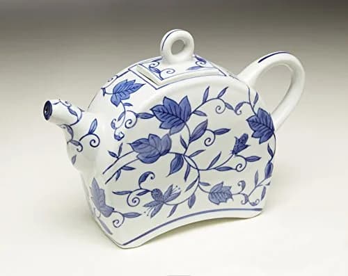 Zeckos Blue and White Ceramic Teapot | Classic Porcelain Design with Removable Lid thumbnail 1