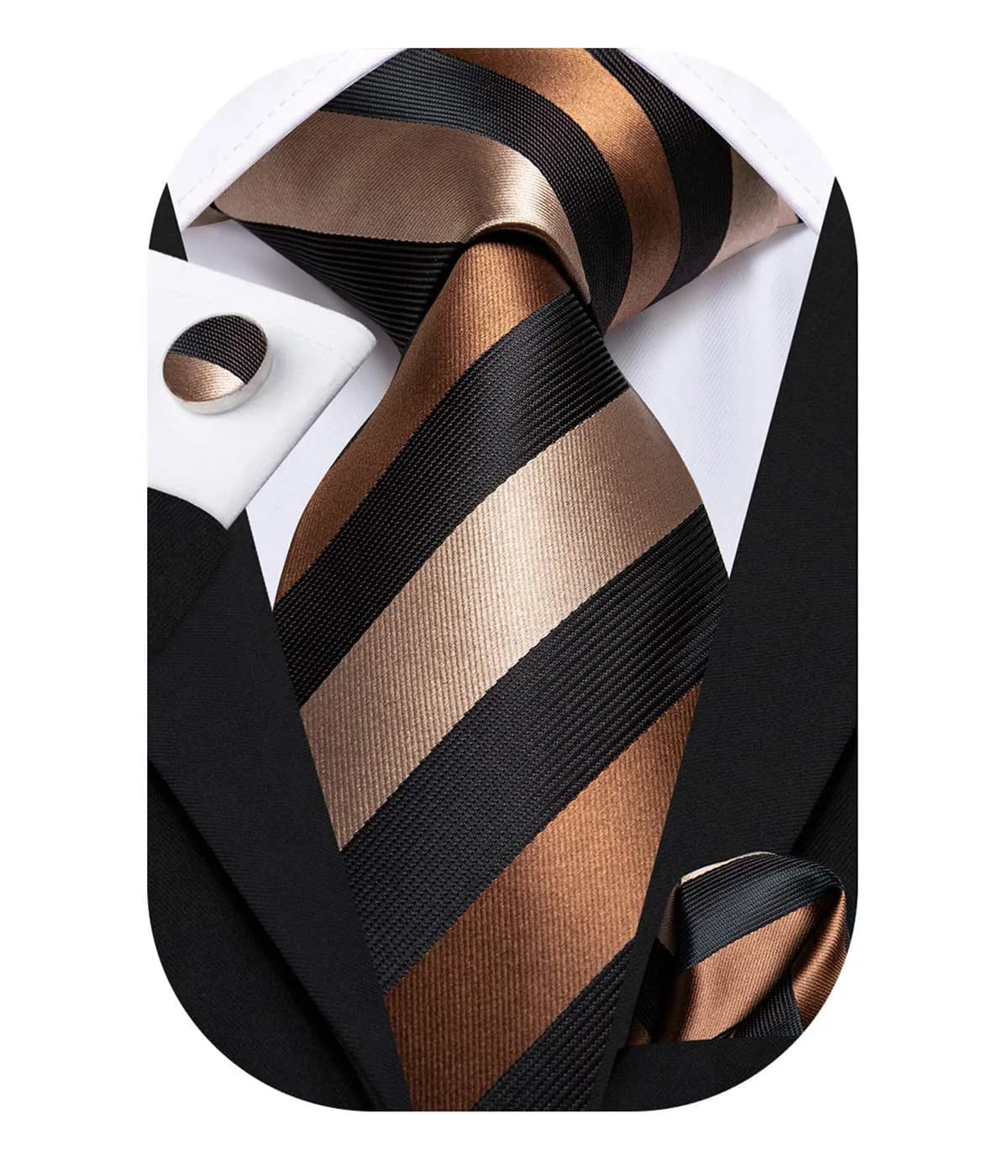 Hi-Tie Mens Black White Houndstooth Silk Necktie Set with Handkerchief & Cufflinks | Elegant Business & Wedding Accessory — Black Brown