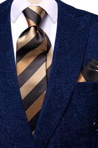 Hi-Tie Mens Plaids Striped Brown Ties Set 150cm | Elegant Silk Necktie for Men thumbnail 7