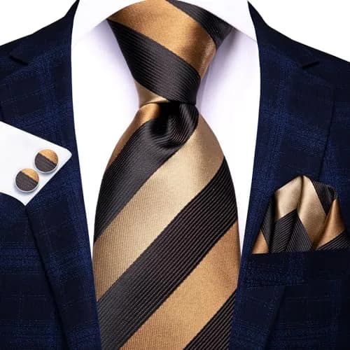 Hi-Tie Mens Plaids Striped Brown Ties Set 150cm | Elegant Silk Necktie for Men thumbnail 3