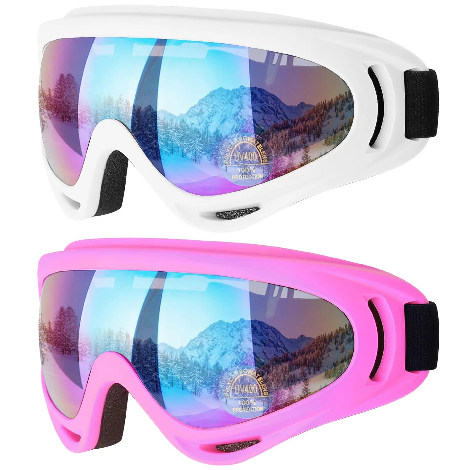 COOLOO Ski Goggles 2 Pack UV400 Impact-Resistant Snowboard & Ski Goggles for Men Women Kids