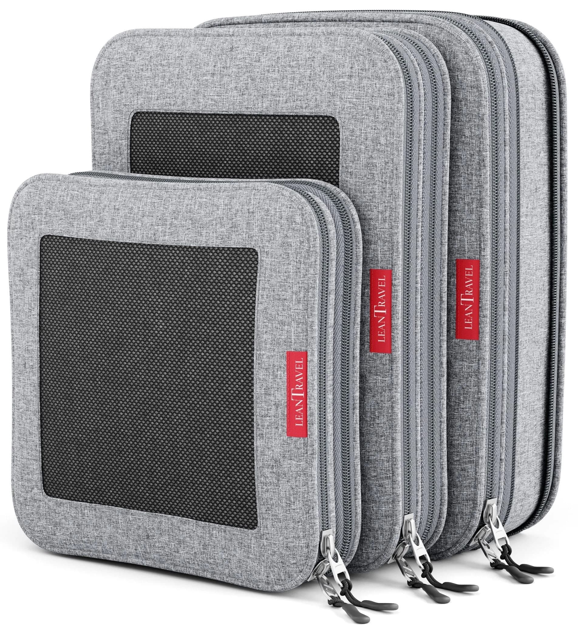 LeanTravel Premium Compression Packing Cubes for Travel - Suitcase Organizer Bags with Double Zipper & Breathable Mesh Panel - Space Saving Carry On Luggage Essentials (6-Pack, Black) — Grey