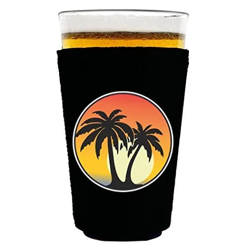 Coolie Junction Palm Tree Sunset Pint Glass Coolie (Black) | Collapsible neoprene drink insulator for 16 oz glasses thumbnail 1