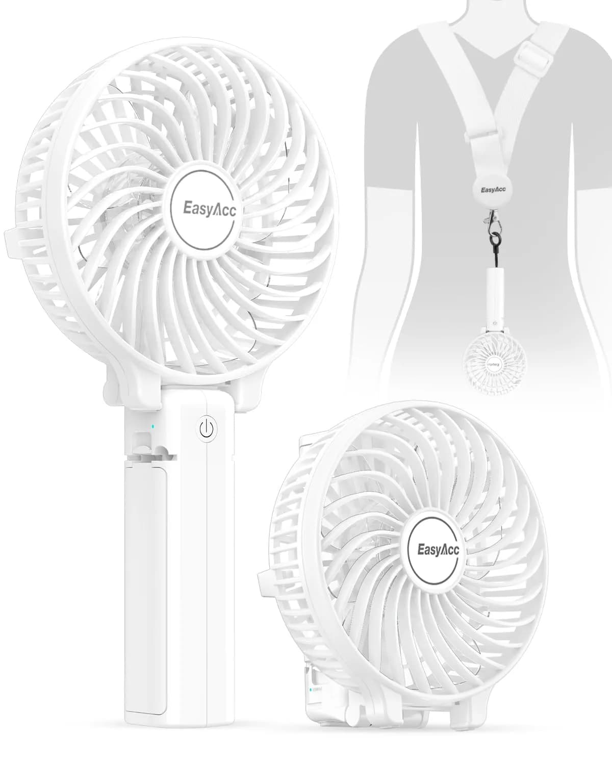 EasyAcc Handheld Fan White 20.32 cm (8 inches) | Powerful Portable USB Fan with 3 Speeds & 10-Hour Battery — White